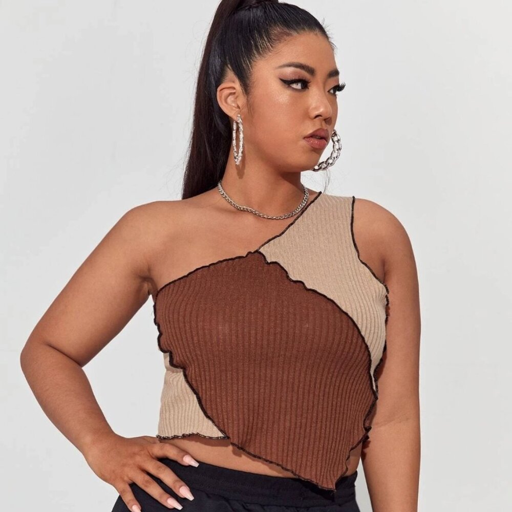 Plus One Shoulder Stitch Trim Colorblock Top